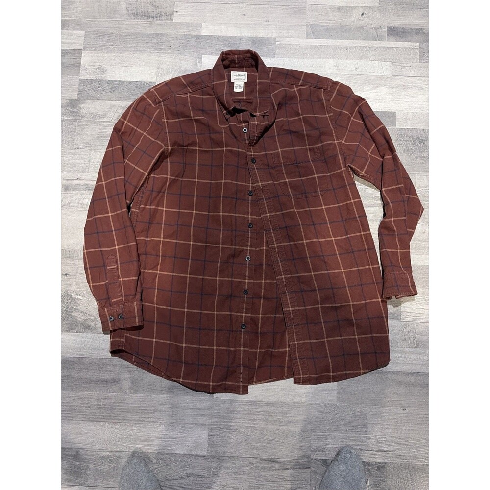 Vintage LL Bean Flannel Shirt Red Brown Plaid Long Sleeve Up Men L